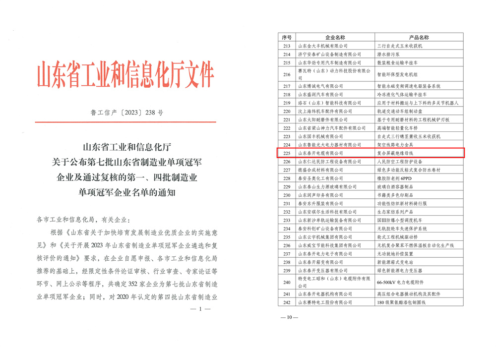 山東省制造業單項冠軍企業