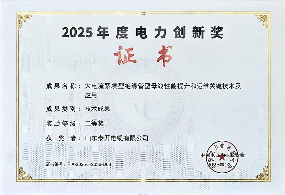 中國電力企業(yè)聯(lián)合會電力創(chuàng)新獎（大電流緊湊型絕緣管型母線性能提升及運(yùn)維關(guān)鍵技術(shù)及應(yīng)用）